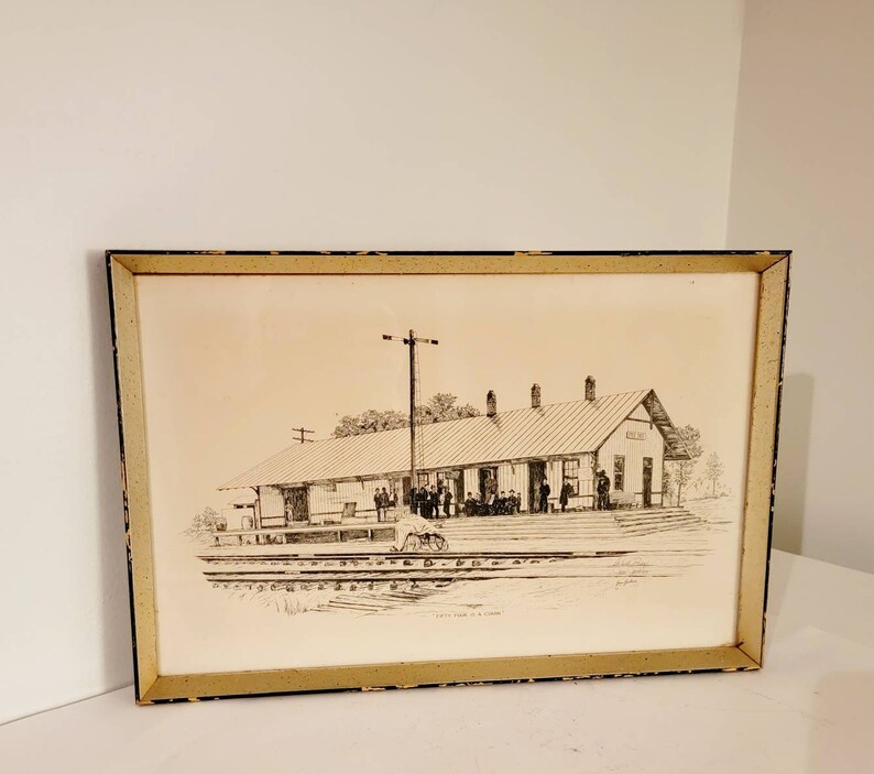 Fifty Four is a comin Train Depot Vintage Antique pencil drawing print signed Jane Jackson & framed. Artist proof Found By Foo Foo La La image 5