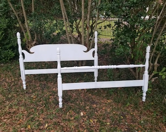 Vintage bed, Vintage Bedframe  4 Post Full/ Double Wood Bed painted white and distressed By Foo Foo La La