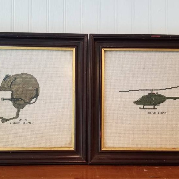 Vintage Military Cross Stitch / Needle Point Marines DH-58 KIOWA helicopter and SPH -4 flight helmet found by Foo Foo La La