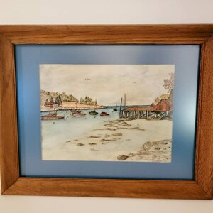 Vintage Antique pencil drawing signed RCR 76 & framed. Boats, water, dock, house, tree, colorful Found By Foo Foo La La image 4