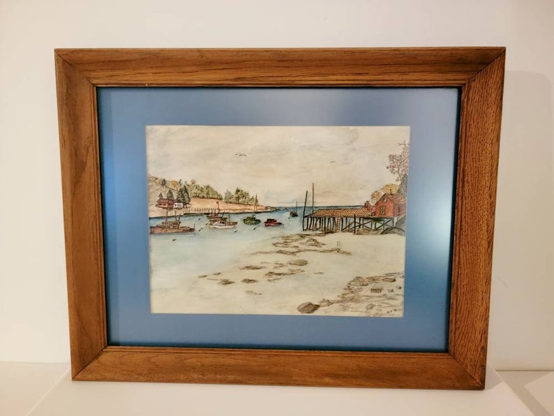 Vintage Antique pencil drawing signed RCR 76 & framed. Boats, water, dock, house, tree, colorful Found By Foo Foo La La image 4