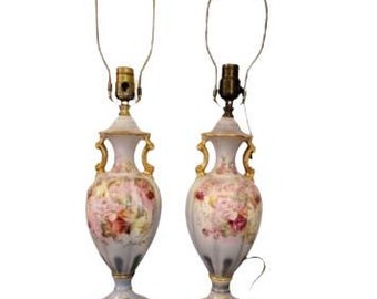 Antique Gilt Victorian Painted Floral Lamps, 2 Found By Foo Foo La La