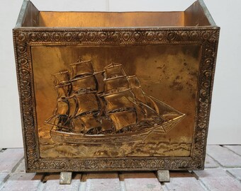 Anitque Vintage embossed brass magazine rack. Ship, ships, ocean, nautical, raised design Found by Foo Foo La La