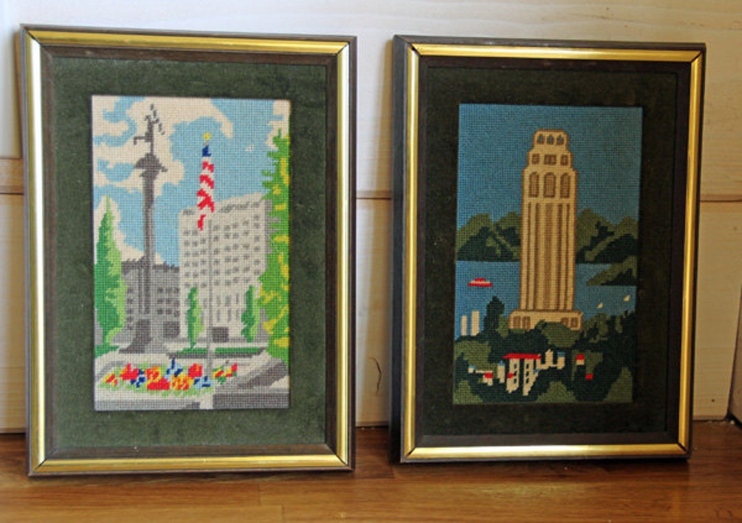 2 Vintage Needlepoint USA Art Framed Pair Found by Foo Foo La La Etsy