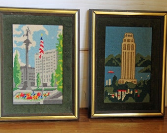 2 Vintage  Needlepoint USA Art Framed Pair Found by Foo Foo La La
