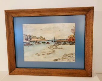 Vintage Antique pencil drawing  signed RCR 76 & framed.  Boats, water, dock, house, tree, colorful Found By Foo Foo La La