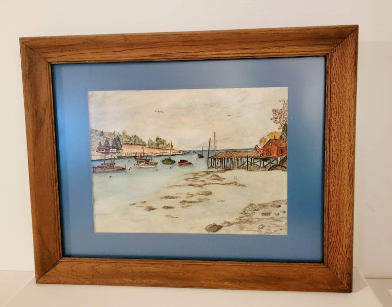 Vintage Antique pencil drawing signed RCR 76 & framed. Boats, water, dock, house, tree, colorful Found By Foo Foo La La image 1
