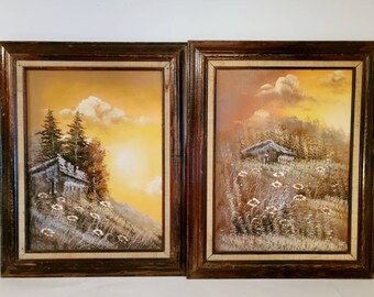 Vintage Signed Oil Painting & framed. Cottage, Hillside, Mountain, Flowers, colorful Found By Foo Foo La La set of 2