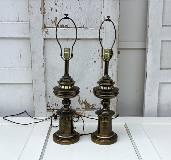 Vintage Stiffel Porcelain and Brass Table Lamps - A Pair