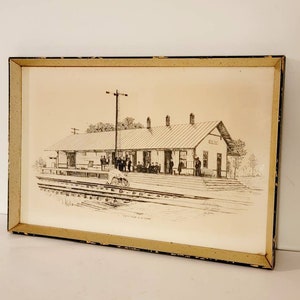 Fifty Four is a comin Train Depot Vintage Antique pencil drawing print signed Jane Jackson & framed. Artist proof Found By Foo Foo La La image 4