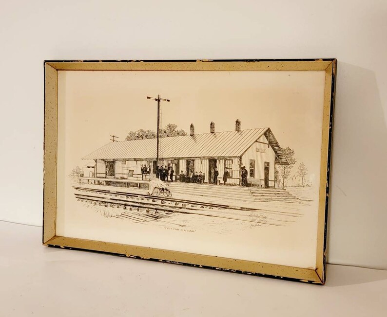 Fifty Four is a comin Train Depot Vintage Antique pencil drawing print signed Jane Jackson & framed. Artist proof Found By Foo Foo La La image 4