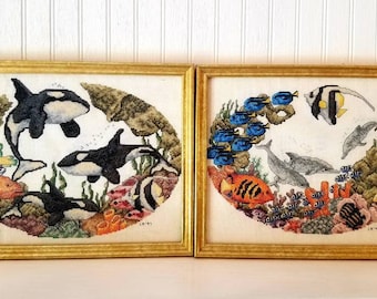 Vintage Ocean Cross Stitch / Needle Point Sea Life , Whales,  Fish, Coral, dolphins By Foo Foo La La