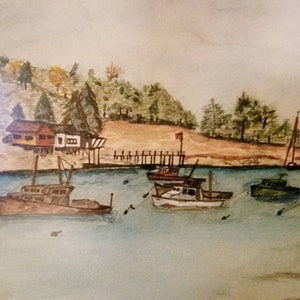 Vintage Antique pencil drawing signed RCR 76 & framed. Boats, water, dock, house, tree, colorful Found By Foo Foo La La image 5