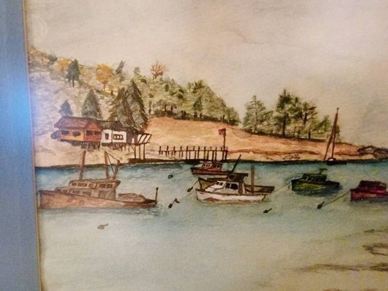 Vintage Antique pencil drawing signed RCR 76 & framed. Boats, water, dock, house, tree, colorful Found By Foo Foo La La image 5