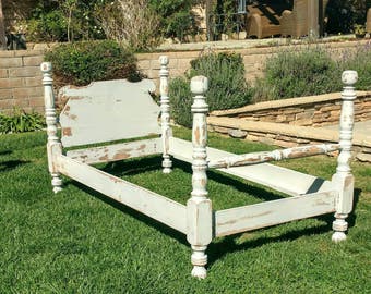 Vintage  Twin Bed Headboard Foot board and Siderails By Foo Foo La La Painted and heavy distressing in shades of Gray Greys