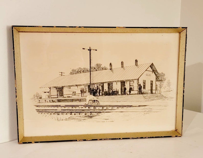 Fifty Four is a comin Train Depot Vintage Antique pencil drawing print signed Jane Jackson & framed. Artist proof Found By Foo Foo La La image 6