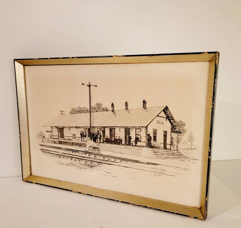 Fifty Four is a comin Train Depot Vintage Antique pencil drawing print signed Jane Jackson & framed. Artist proof Found By Foo Foo La La image 7