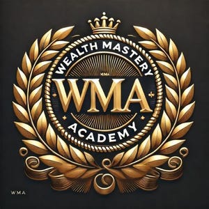 Puede incluir: Un emblema dorado con el texto "WEALTH MASTERY ACADEMY" y las iniciales "WMA". El diseño presenta una corona de laurel, una corona y cintas decorativas, todo sobre un fondo oscuro.