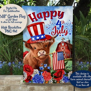 Bandera de jardín del 4 de julio de Highland Cow: PNG de granja patriótica (descarga digital)