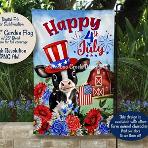 Linda vaca jardín bandera 4 de julio sublimación PNG - casa de campo patriótica 4 de julio signo - arte digital imprimible - descargar uso comercial