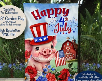 Cute Pig Garden Flag 4th Of July Sublimation PNG - Farmhouse Patriotic July 4th Sign - Digital Printable Art - Download  Commercial Use