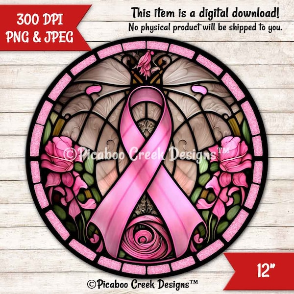 Breast Cancer Awareness Ribbon Faux Stained Glass Sublimation Design - Wreath Sign - Door Hanger - Printable png - Download - Commercial Use