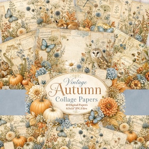 Puede incluir: Una colección de papeles de collage digitales con temas de otoño vintage, incluyendo ilustraciones de calabazas, búhos, zorros, mariposas y flores secas sobre partituras y manuscritos. La etiqueta central dice Vintage Autumn Collage Papers 40 Digital Papers 8.5x11 JPG Files.