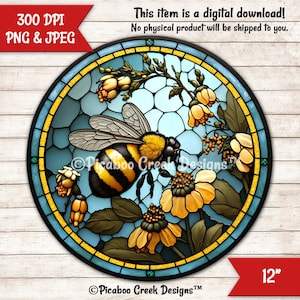 Bumble Bee Faux Stained Glass Sublimation PNG - Honey Bee Garden Wreath Sign - Door Hanger - Printable Image - Download - Commercial Use