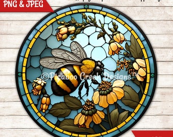 Bumble Bee Faux Stained Glass Sublimation PNG - Honey Bee Garden Wreath Sign - Door Hanger - Printable Image - Download - Commercial Use