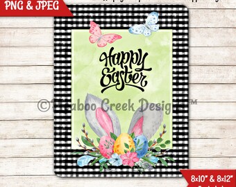 Bunny Ears Easter Sublimation Design - Happy Easter Wreath Sign - Spring Door Hanger - Printable Image - Downloadable Image - Commercial Use