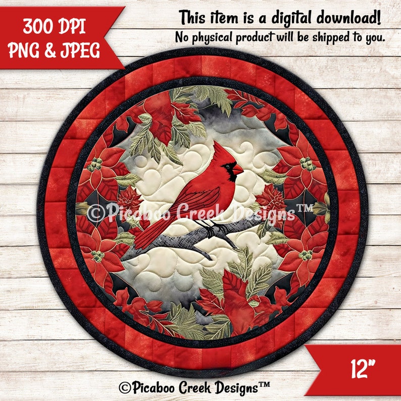 Christmas Red Cardinal Sublimation Design Faux Quilted Unique Holiday Wreath Sign Door Hanger Printable Download Commercial Use image 2