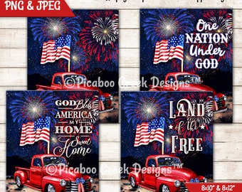 Patriotic Sublimation design Vintage Red Truck Fireworks BUNDLE - July 4th - Wreath Sign, Door Hanger - Printable Download  Commercial Use