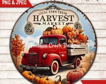 Fall Red Truck PNG: Vintage Harvest Wreath Sign (Digital Download)
