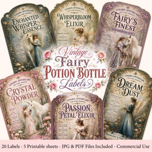 Op de afbeelding: Vintage feeën drankfleslabels met illustraties van feeën, eenhoorns en bloemmotieven. De labels bevatten tekst als "Enchanted Whisper Essence", "Whisperbloom Elixir" en "Fairy's Finest". De afbeelding bevat ook de tekst "20 Labels - 5 Printable sheets - JPG & PDF Files Included - Commercial Use."
