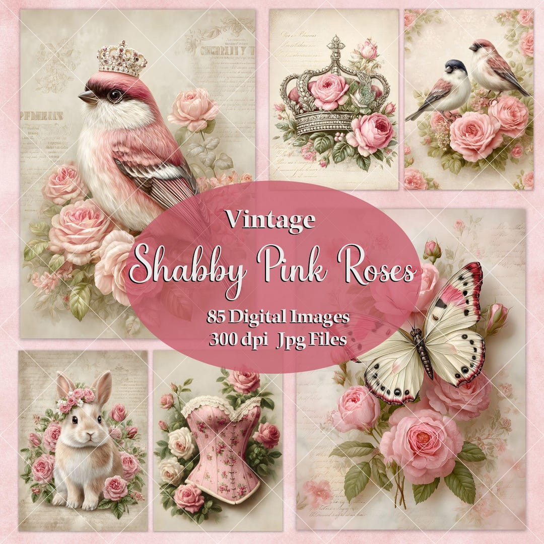 Vintage Shabby Chic Pink Roses Digital Paper, Ephemera Images for Junk ...
