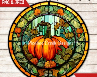 Autumn Pumpkins Faux Stained Glass Sublimation PNG - Fall Wreath Sign - Door Decor - Printable Image Download - Commercial Use