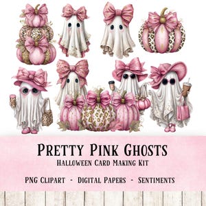 May include: Digital illustration of pink ghosts and pumpkins with bows, sunglasses, and accessories. The text "Pretty Pink Ghosts" is displayed below the images, along with "Halloween Card Making Kit".