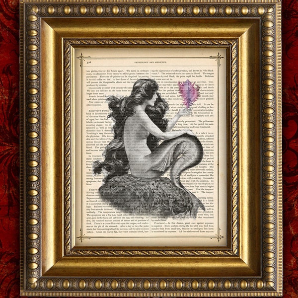 MERMAID with PINK SHELL Vintage Dictionary Art Print 8x10 on Antique 1881 Book Page or Dictionary Page