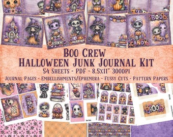 May include: A Halloween-themed junk journal kit with the text "Boo Crew." The kit includes journal pages, embellishments, and pattern papers. The design features cute, cartoonish Halloween characters in shades of purple, orange, and white.