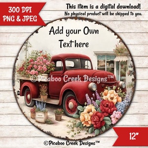 Sinal vintage de caminhão vermelho de flores Adicione seu texto - Sublimação png - Sinal de guirlanda - Cabide de porta de fazenda - Para impressão - Baixar uso comercial