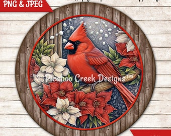 Holiday Cardinal Bird Sublimation Design -  Christmas poinsettia Wreath Sign - Round Door Hanger - Printable - Download - Commercial Use