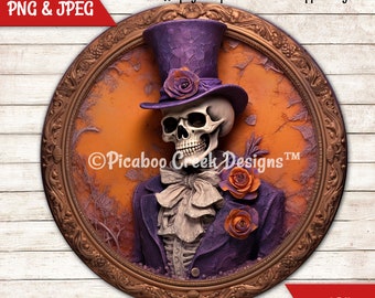 Halloween Sublimation PNG  3D Skeleton Gentleman -  Halloween Wreath Sign - Printable Image Download - Round Sign -  Commercial Used