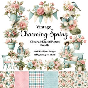 Op de afbeelding: Een digitale kunstbundel getiteld "Vintage Charming Spring" met aquarel illustraties van bloemen, vogels, vlinders en decoratieve elementen in pastelkleuren. Bevat 100 PNG clipart afbeeldingen en 12 digitale papieren, elk 30,48 cm x 30,48 cm.