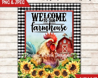 Sublimation Design PNG - Cute Rooster Farmhouse Welcome Sign - Wreath Sign - Door Decor - Printable Image - Digital Download  Commercial Use