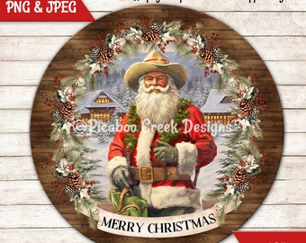 Cowboy Santa Claus Sublimation Design - Rustic Christmas Wreath Sign - Door Hanger - Printable - Download - Commercial Use
