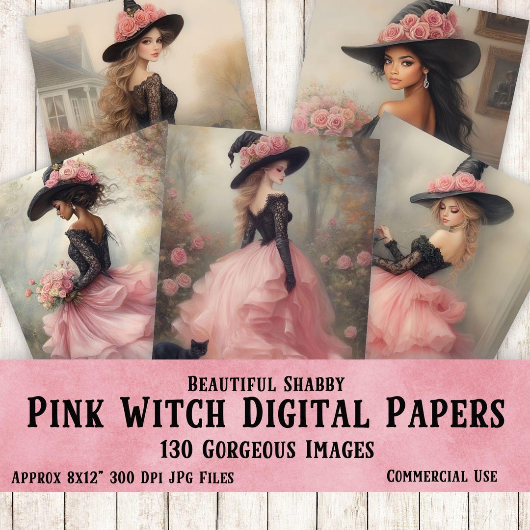 Shabby Pink Halloween Witch Digital Papers: Junk Journal, Scrapbooking ...
