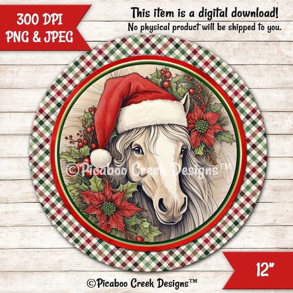 Holiday Horse Plaid Sublimation Design -  Christmas poinsettia Wreath Sign - Round Door Hanger - Printable - Download - Commercial Use