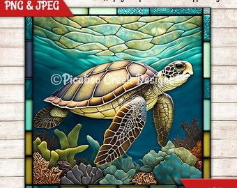 Sea Turtle Faux Stained Glass Sublimation Design - Wreath Sign - Door Hanger - Window Cling - Printable png - Download - Commercial Use