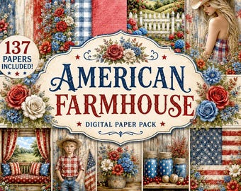 May include: A digital paper pack titled "American Farmhouse" with a rustic, patriotic theme. The design features red, white, and blue floral arrangements, wooden textures, and the American flag. Includes 137 papers, instant download, 8.5x11 inch, JPG files, 300 DPI, and commercial use.