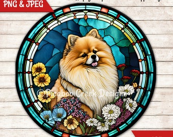 Faux Stained Glass Sublimation Design Pomeranian - Dog Pet Wreath Sign - Door Hanger - Printable Image - Download - Commercial Use